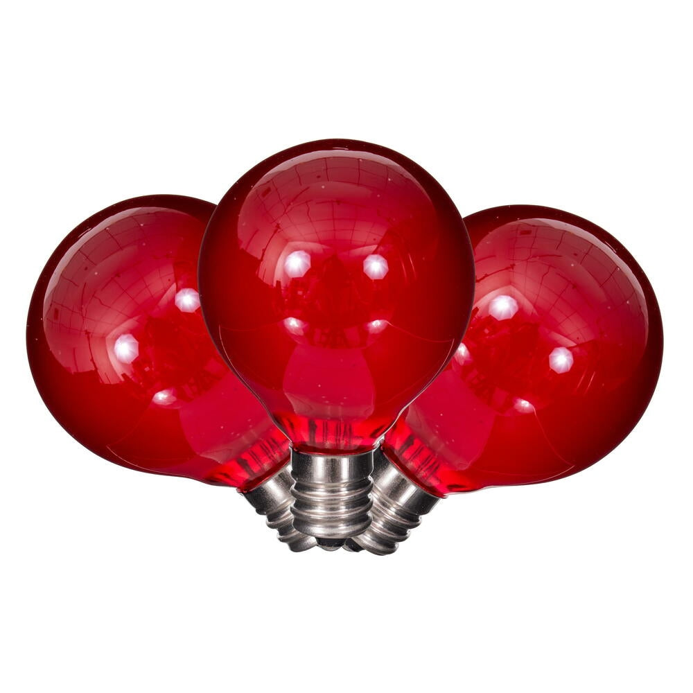 Three round red LED filament glass bulbs with silver screw bases.