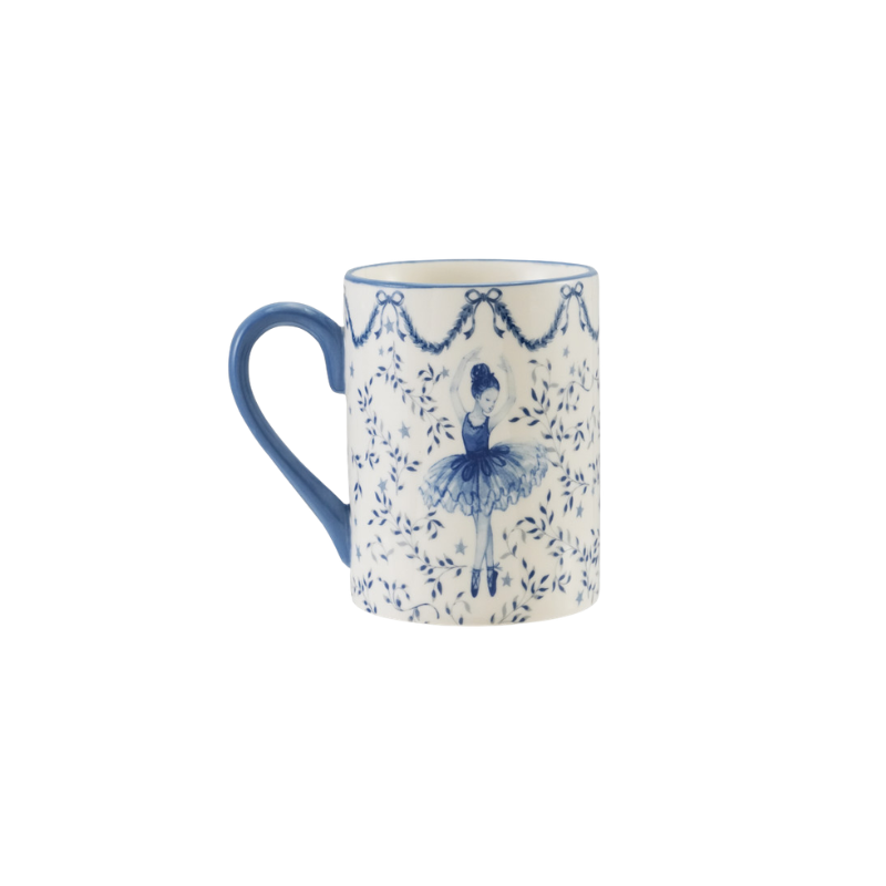 12 oz. white ceramic mug with blue handle and blue ballerina illustration with floral patterns.