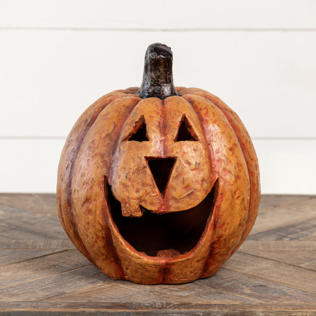 11-inch orange mache jack-o'-lantern with a large open mouth and triangular eyes and nose.