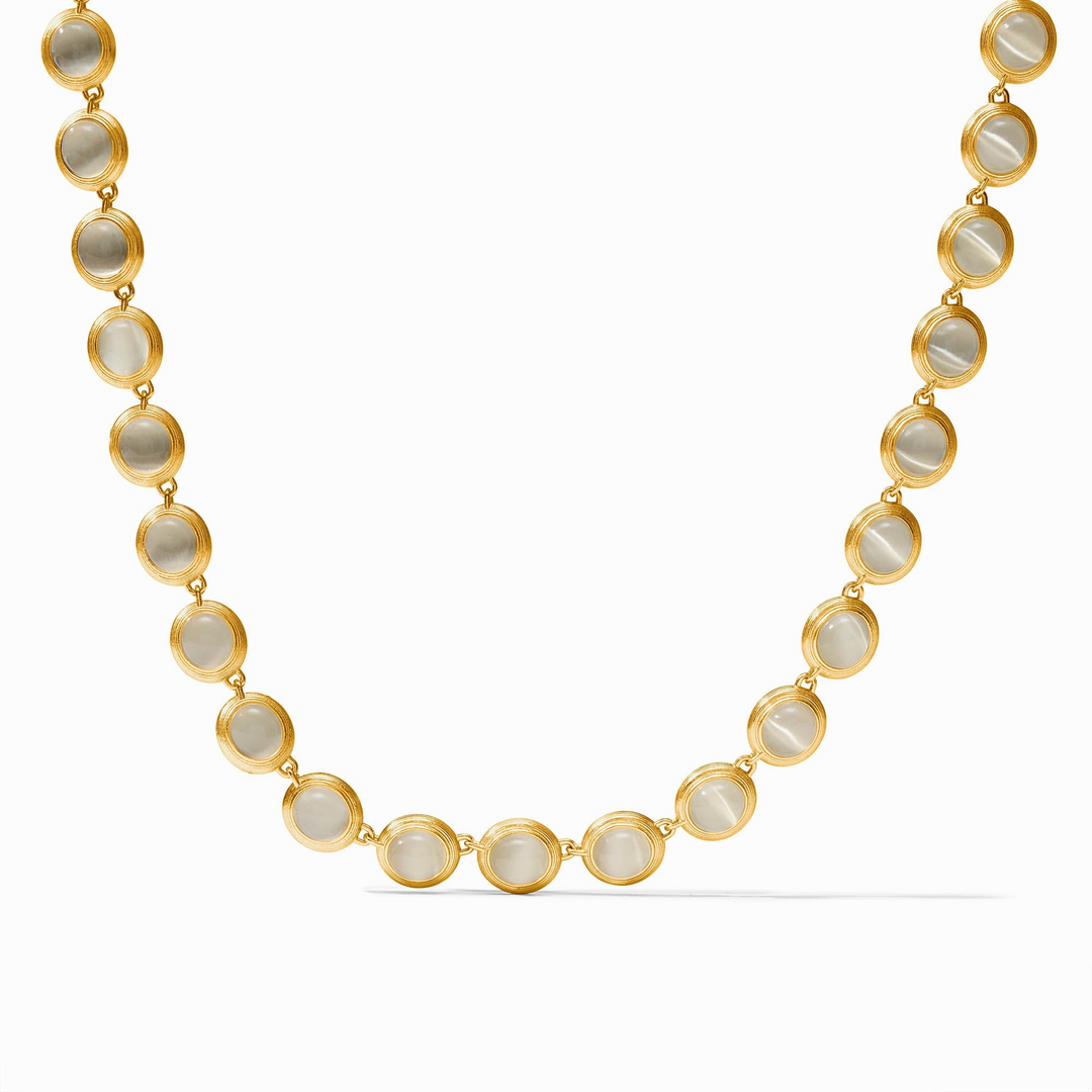 Cobblestone Tennis Necklace in 24K gold plate with a row of round, iridescent glass stones.