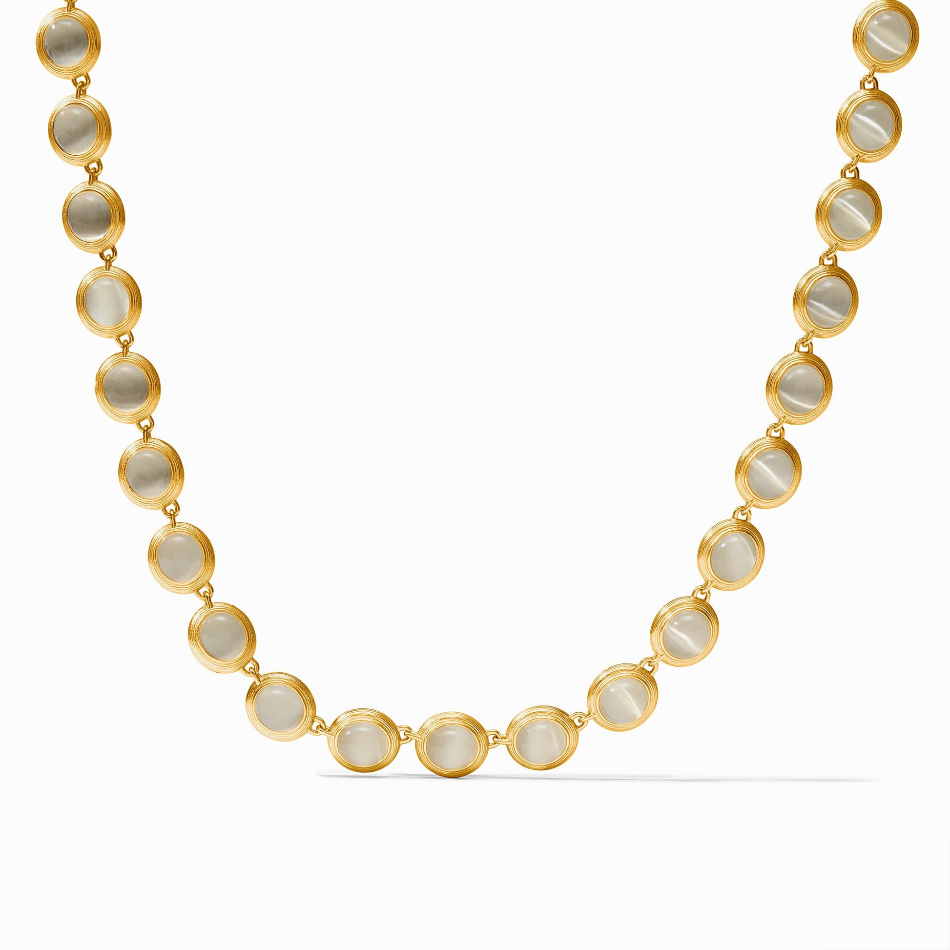 Cobblestone Tennis Necklace in 24K gold plate with a row of round, iridescent glass stones.