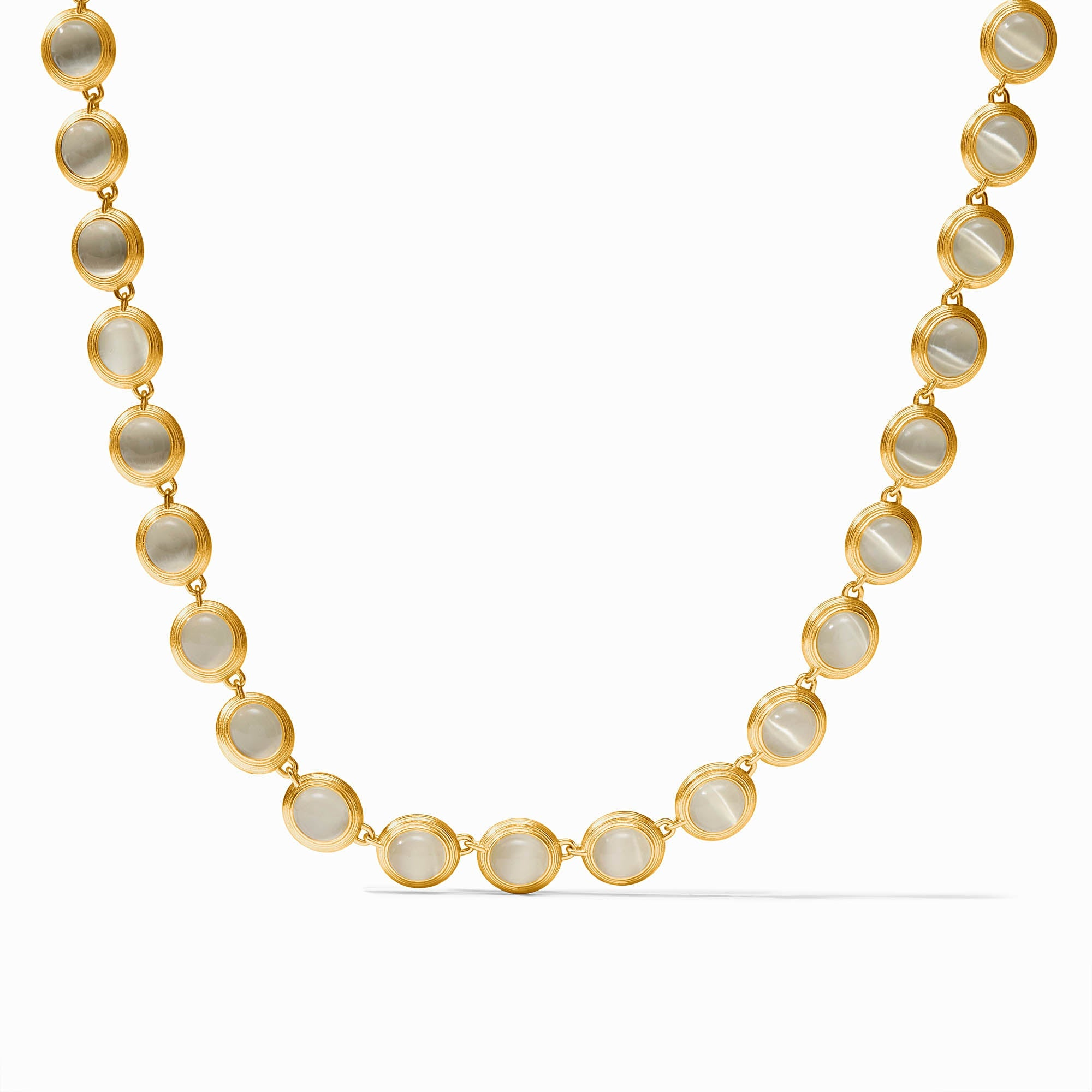 Cobblestone Tennis Necklace in 24K gold plate with a row of round, iridescent glass stones.