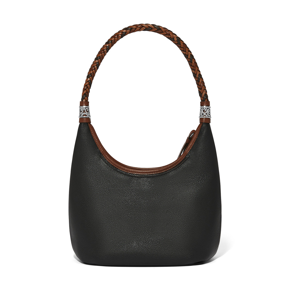 Black pebbled leather Shelby Hobo bag with a brown braided handle and silver hardware accents.