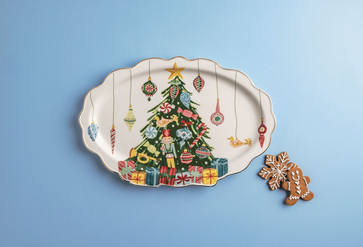 Dolomite platter featuring Christmas tree ornaments with a natural stone texture.