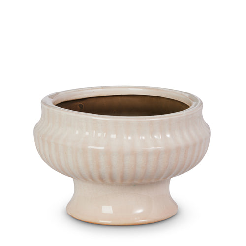 White crackle terracotta planter with a ribbed bowl design on a pedestal base.