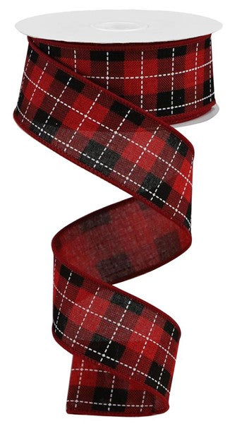 Buffalo check ribbon in red and white with a woven texture