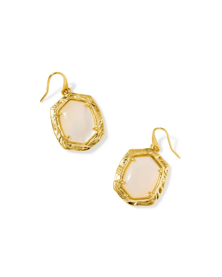 Tiger Striped Daphne Drop Gold Earrings with white stones and etched 14k yellow gold over brass.