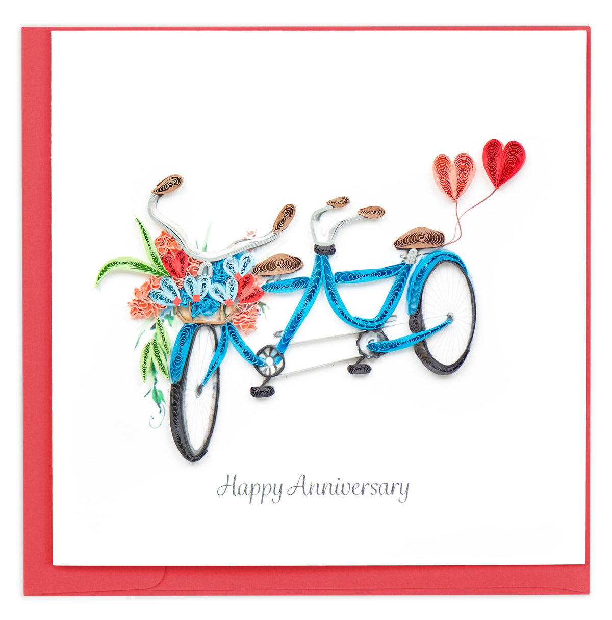 Quilled tandem bicycle card with flowers and heart balloons, reads 'Happy Anniversary'.