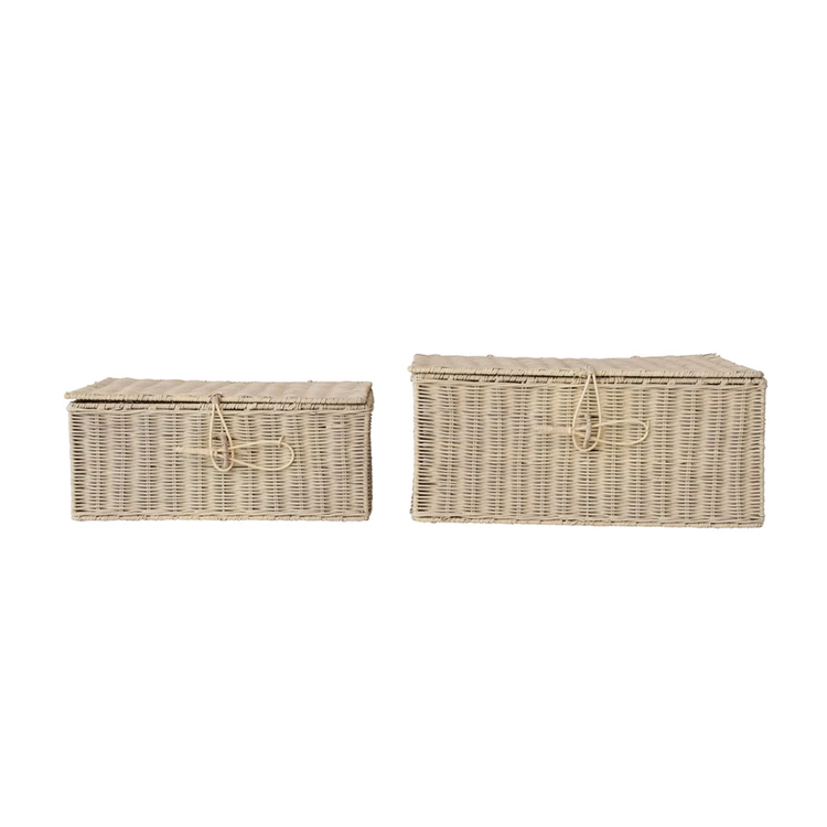 Hand-woven rattan cube box with natural brown texture.