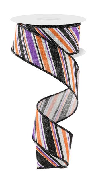 A roll of diagonal stripe ribbon in light grey, purple, orange, and black polyester.
