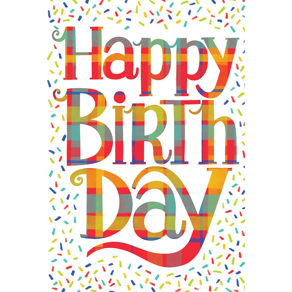 Birthday card with plaid cover featuring embossed text reading Happy Birthday inside.