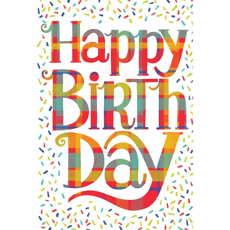 Birthday card with plaid cover featuring embossed text reading Happy Birthday inside.