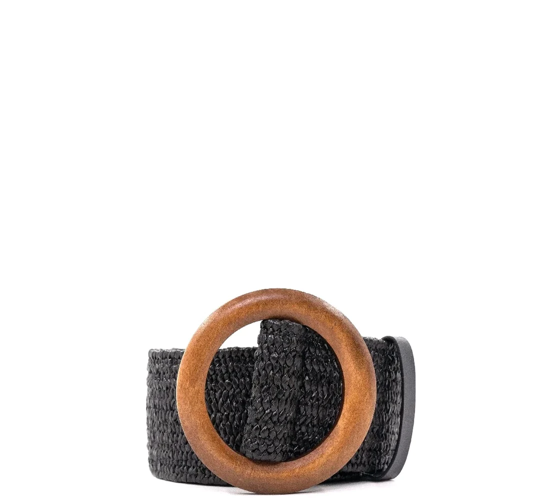 Black elastic belt featuring a rectangular wooden buckle with visible grain texture.