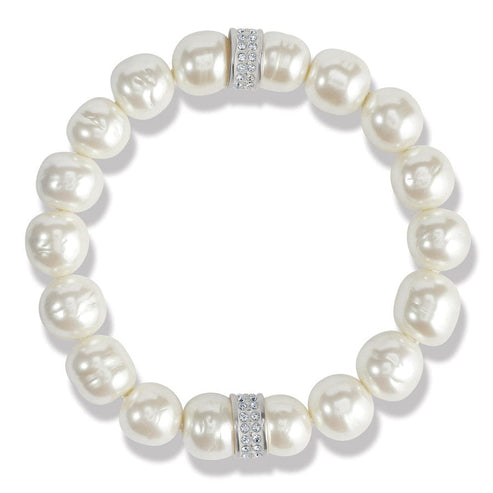 Blue stretch bracelet with bold beads, two silver Meridian stations, and hand-set pave crystals.