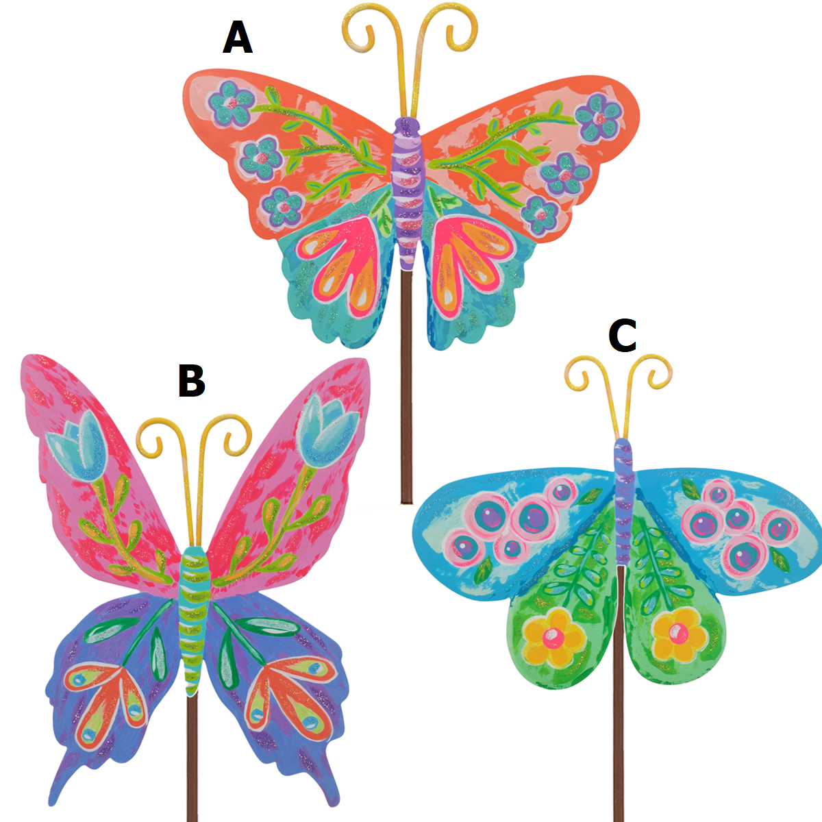 Blooming Butterflies stake featuring a colorful butterfly silhouette with vibrant wings on a natural background.