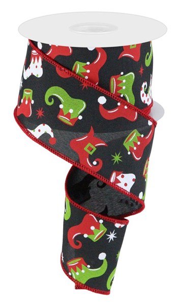 2.5 inch wide black ribbon with red, lime, and white elf boots and stars on a white spool.