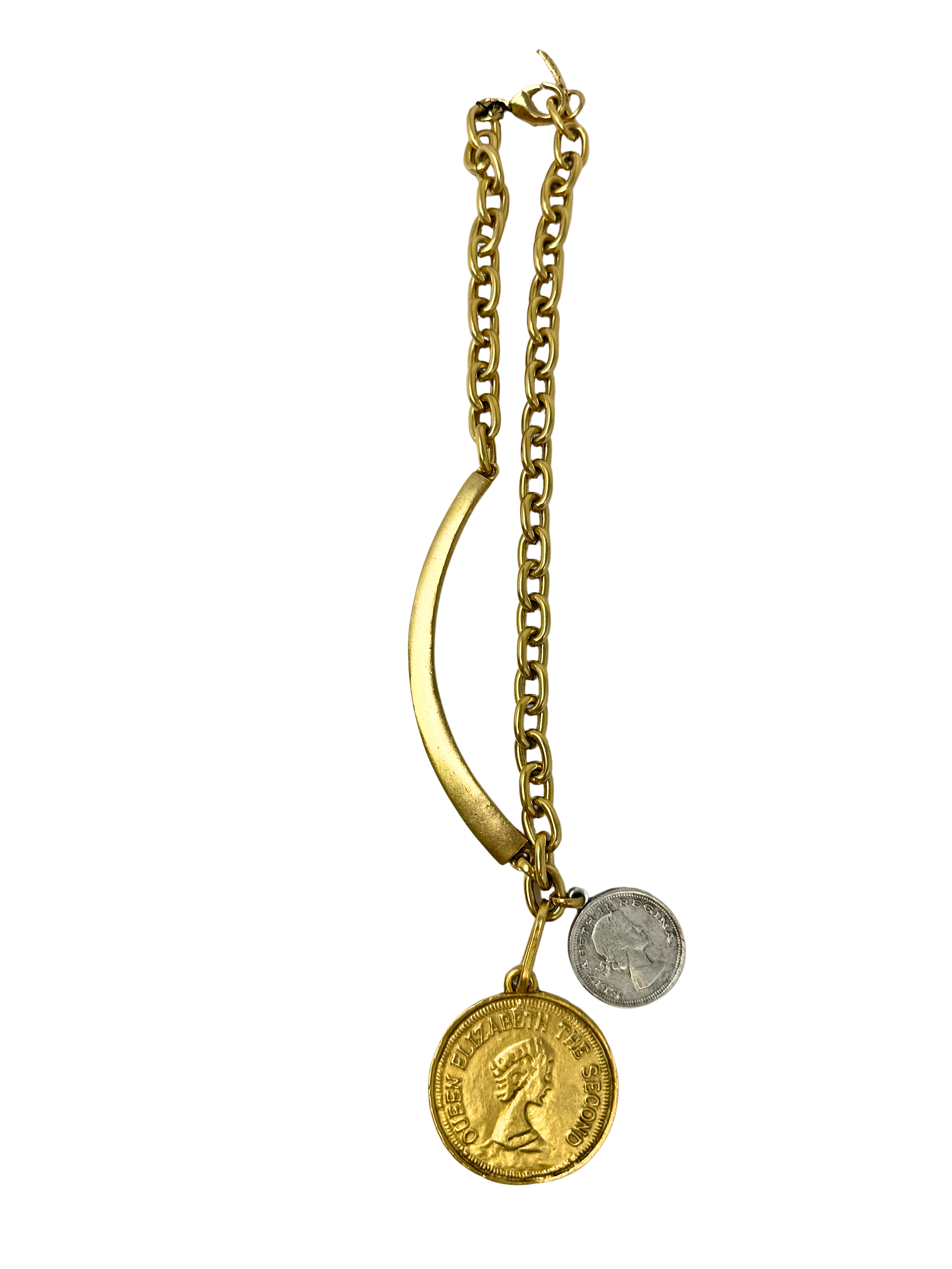 Gold chain necklace featuring a curved bar and two Queen Elizabeth II coin charms in gold and silver.