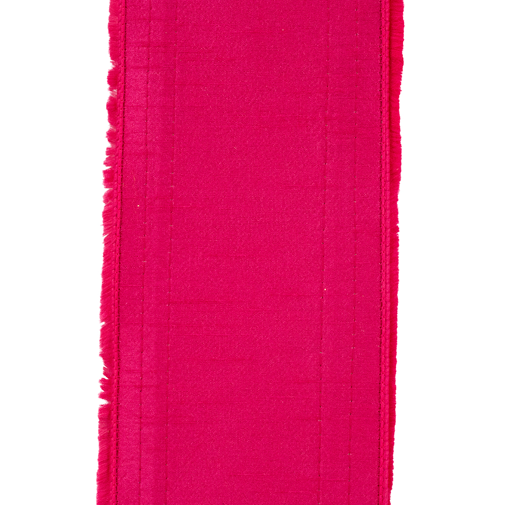 Fuchsia dupioni deluxe wired edge ribbon with fringe trimming and gilded details.