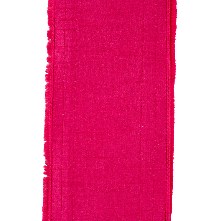 Fuchsia dupioni deluxe wired edge ribbon with fringe trimming and gilded details.