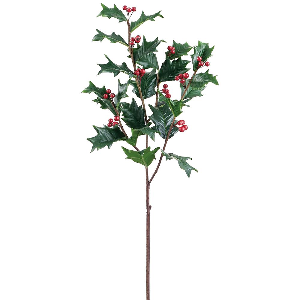 32-inch artificial holly spray with red berries on plastic foam wire stem