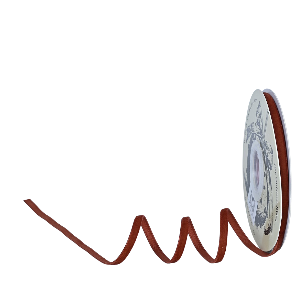 Cinnamon velvet finishing ribbon, 1/4 inch wide, coiled next to its spool.