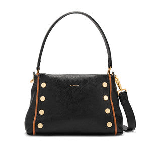 Bryant Med leather shoulder bag in black with brushed gold hardware.