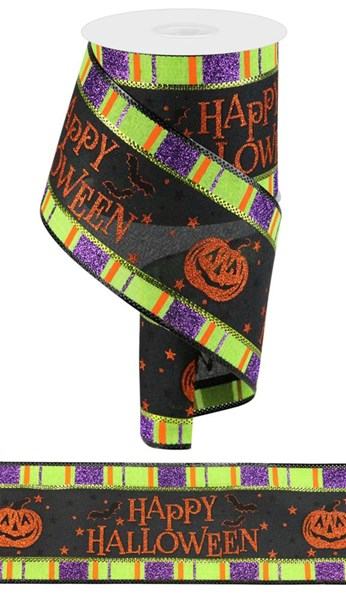 4-inch wide by 10-yard long polyester Halloween banner with a colorful pattern featuring ghosts and pumpkins.