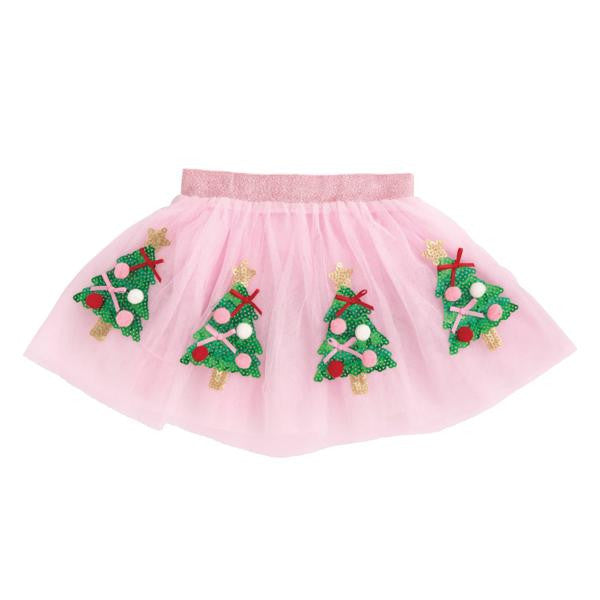 Pink layered mesh tutu with a glittery waistband and four sequin Christmas tree appliqués.
