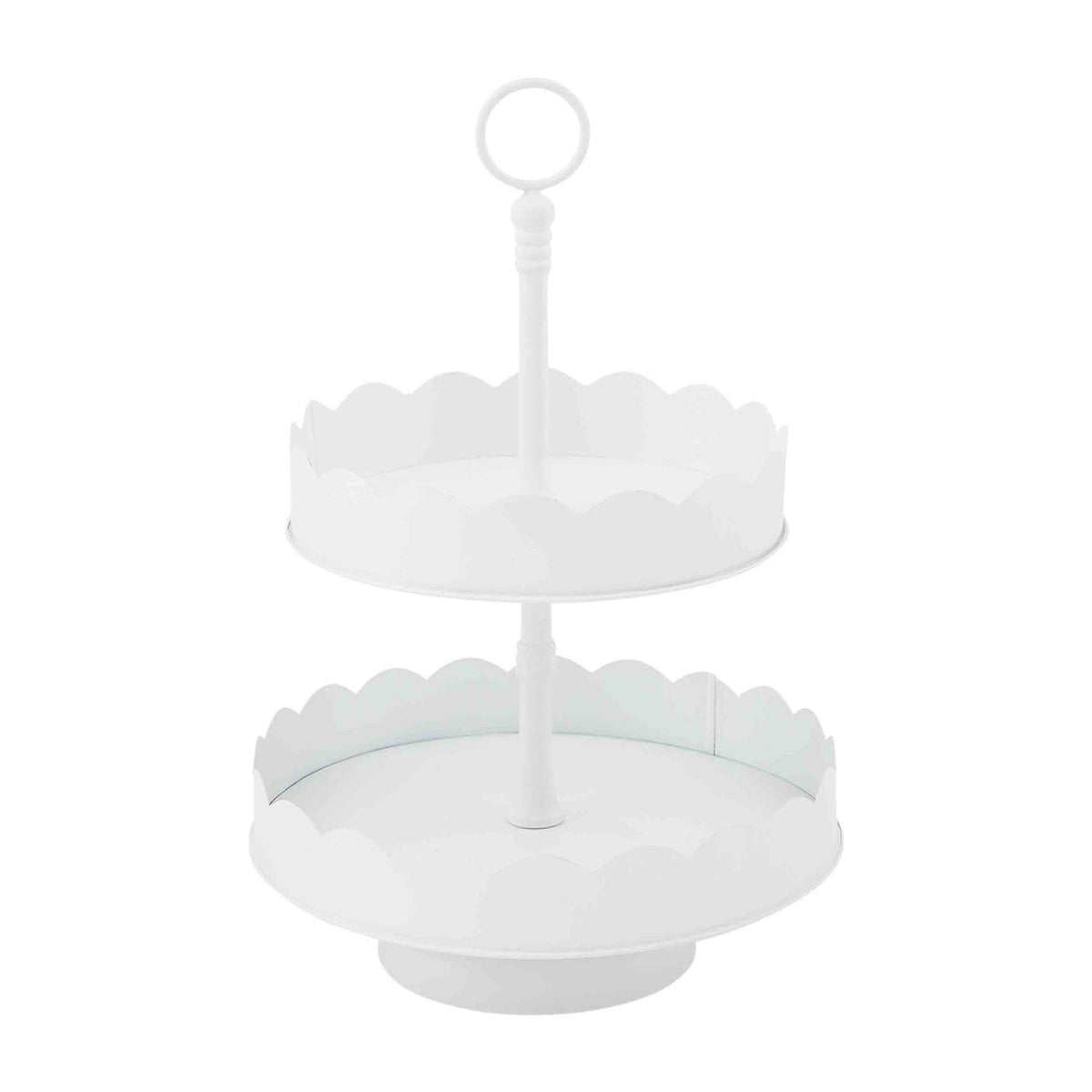 White two-tiered scalloped tin server with a round top handle and circular base.