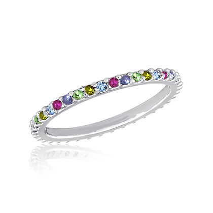 Thin silver stack ring featuring a continuous band of small, multi-colored round gemstones.