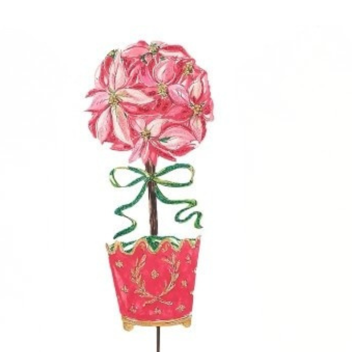 Traditional Tidings Topiary featuring a pink poinsettia ball in a red decorative pot.