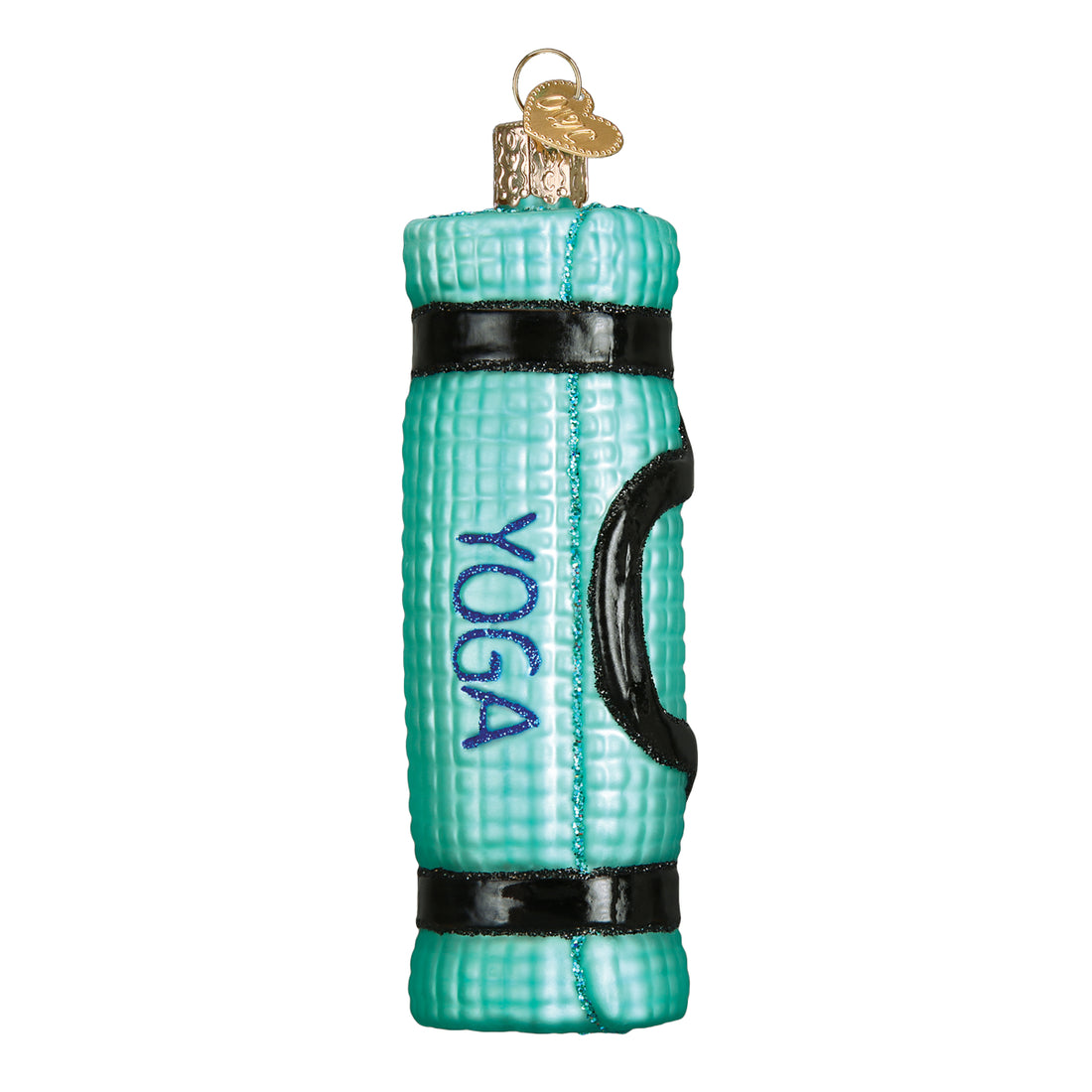 Teal glass yoga mat Christmas ornament with black straps and blue glittery YOGA text.