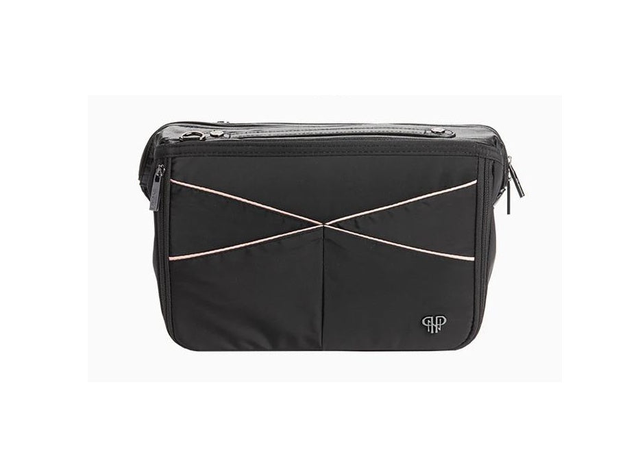 Black Littbag handbag organizer with pink trim, zippered closure, and logo on the front.