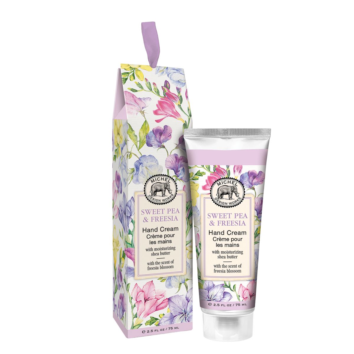Michel Design Works Sweet Pea & Freesia hand cream tube and matching floral gift box.