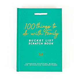 Bucket List Scratch Book Family Edition with a white cover featuring black scratch-off text.