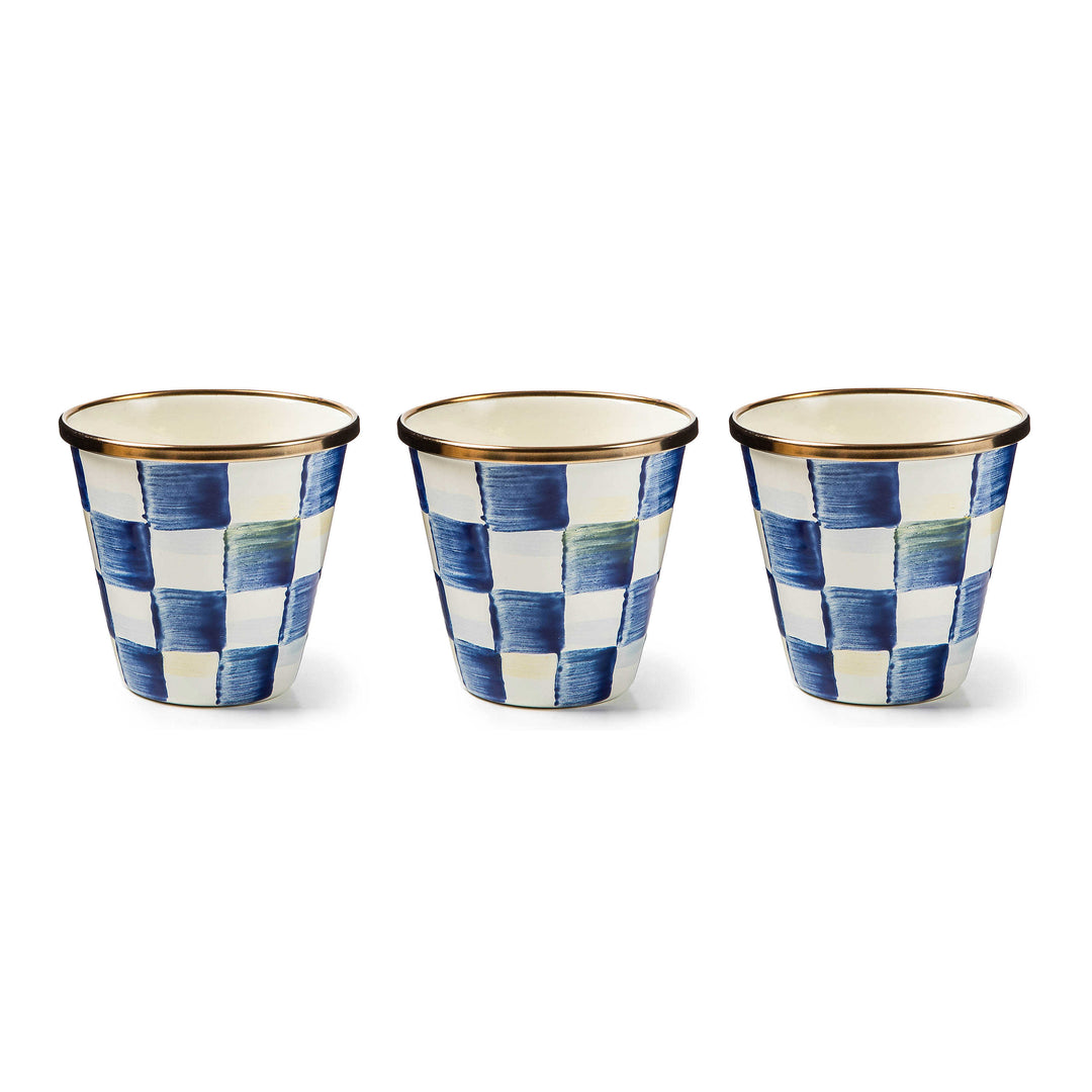 Three Royal Check enamel herb pots with blue and white hand-painted patterns and gold-toned rims.