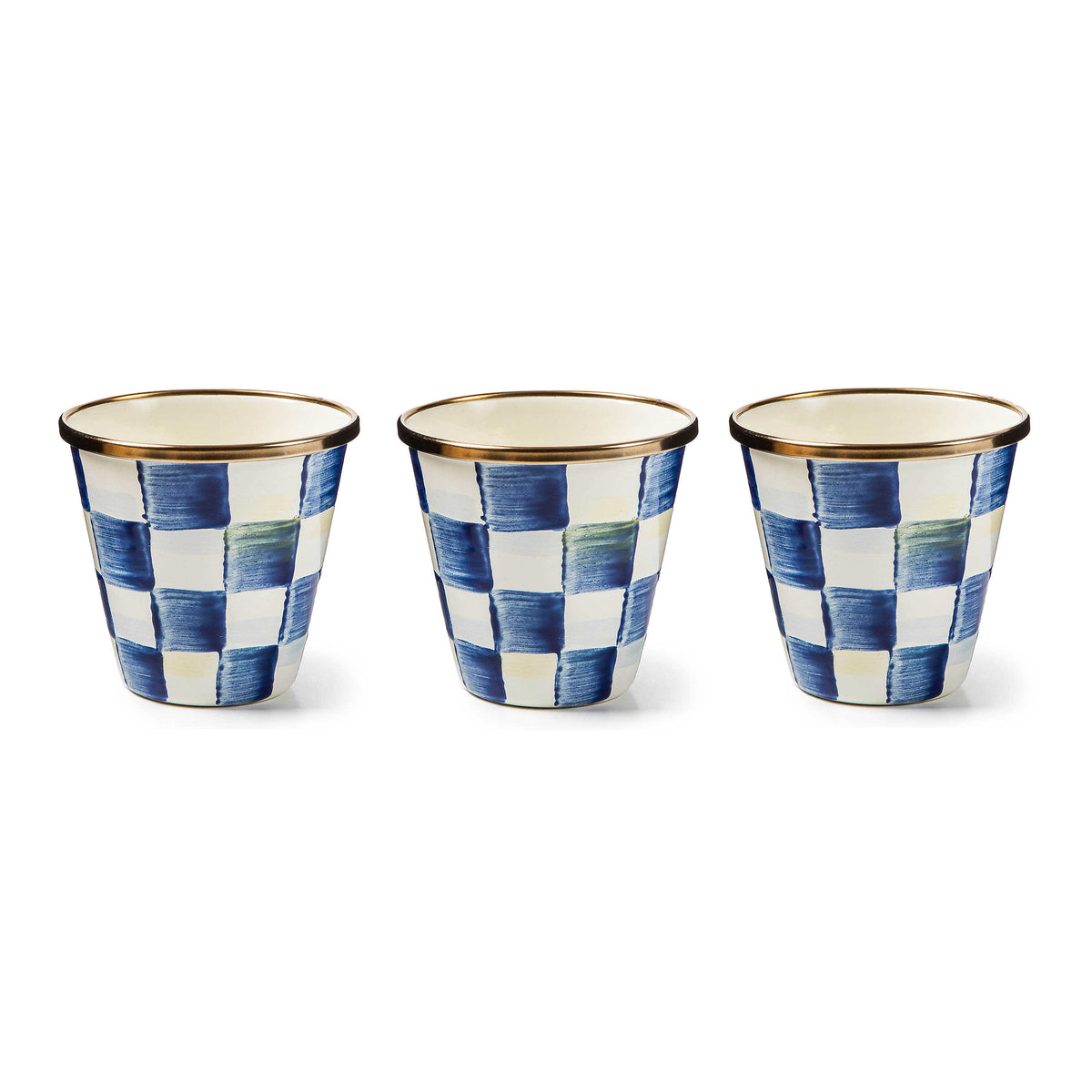 Three Royal Check enamel herb pots with blue and white hand-painted patterns and gold-toned rims.