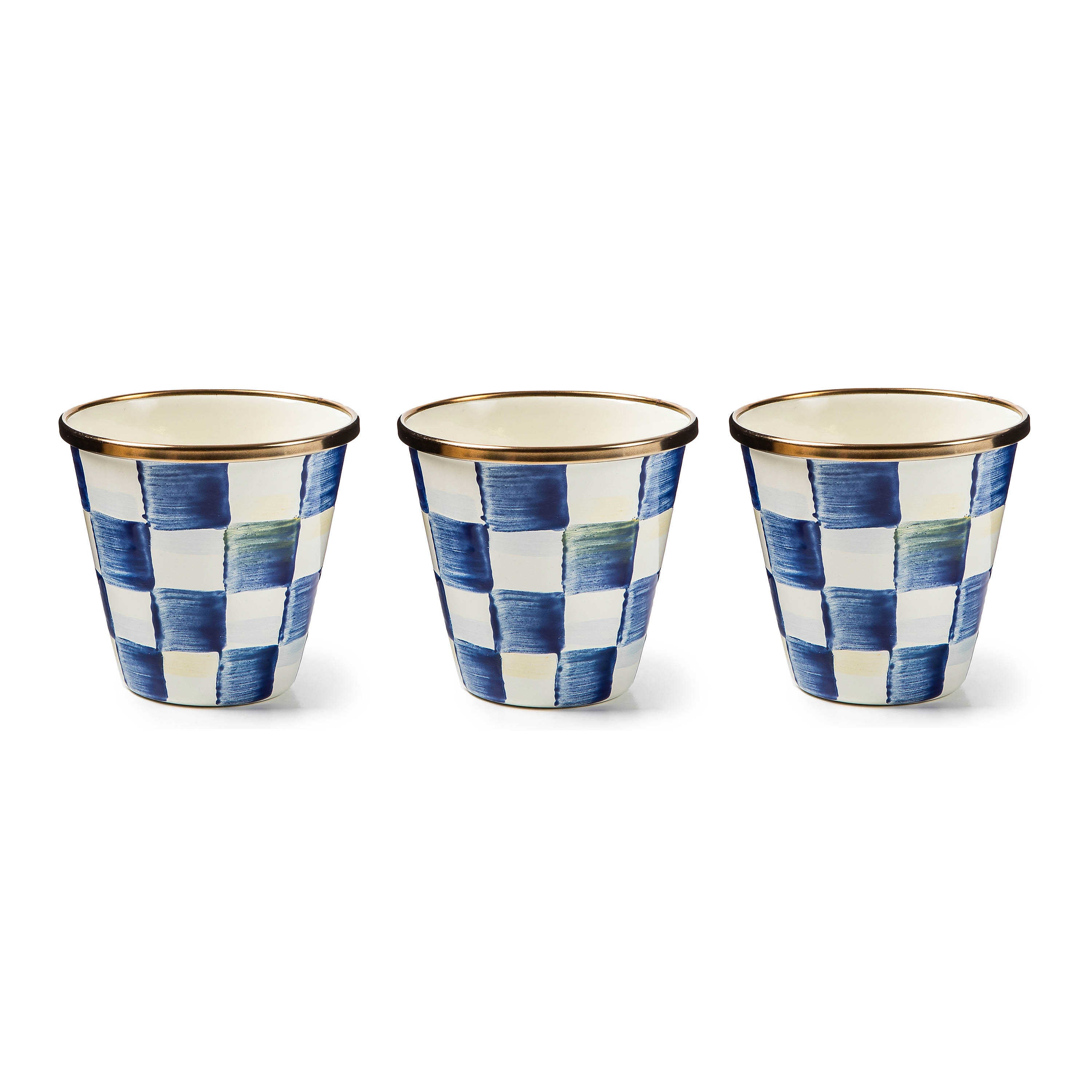 Three Royal Check enamel herb pots with blue and white hand-painted patterns and gold-toned rims.