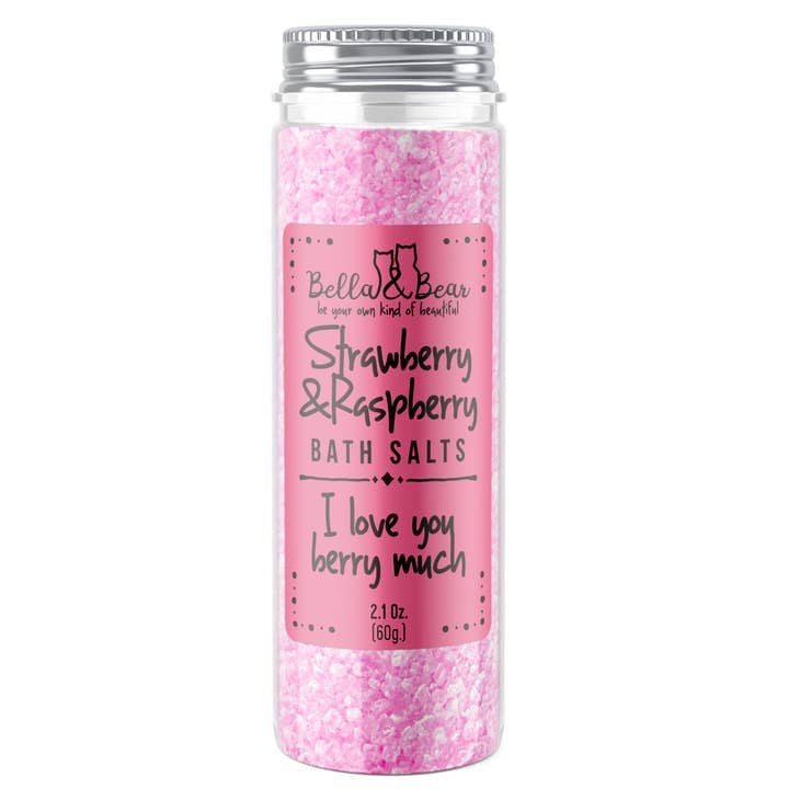 Jar of strawberry-scented bath salts with visible crystals