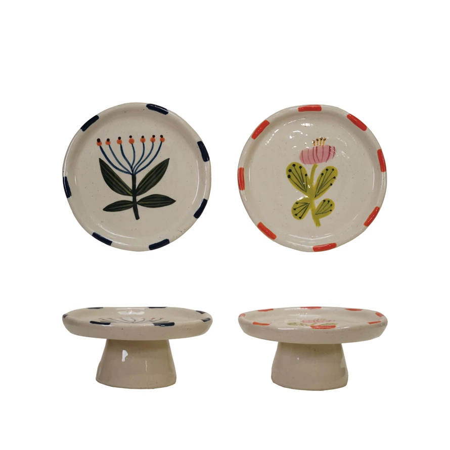 Hand-painted stoneware pedestal with a round top on a cube base in neutral tones.