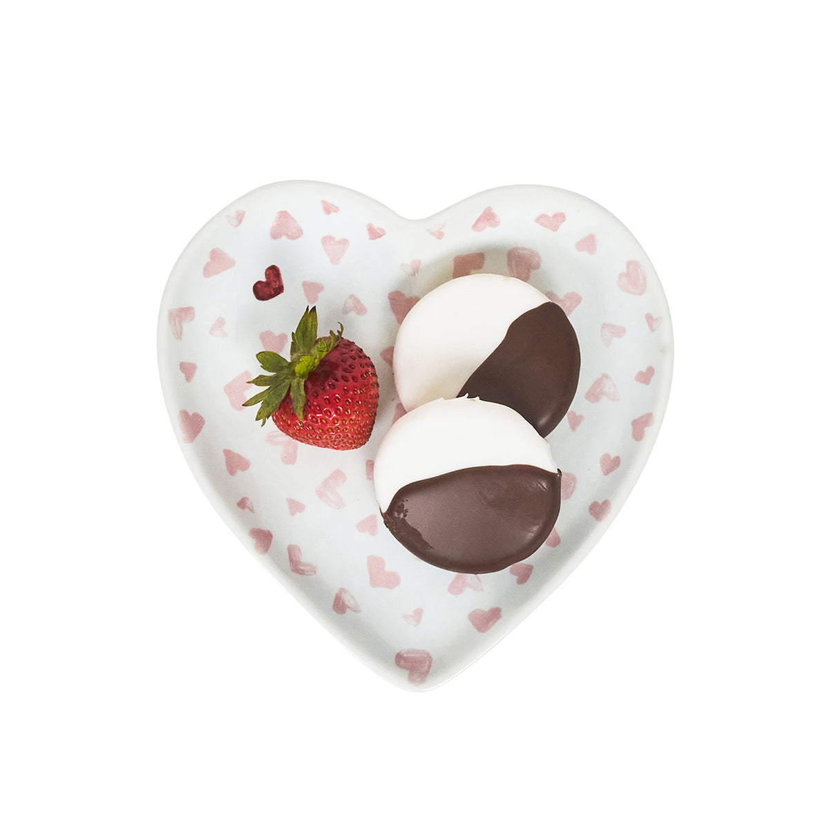 Pink ceramic heart-shaped tray with 'Love You More' text.