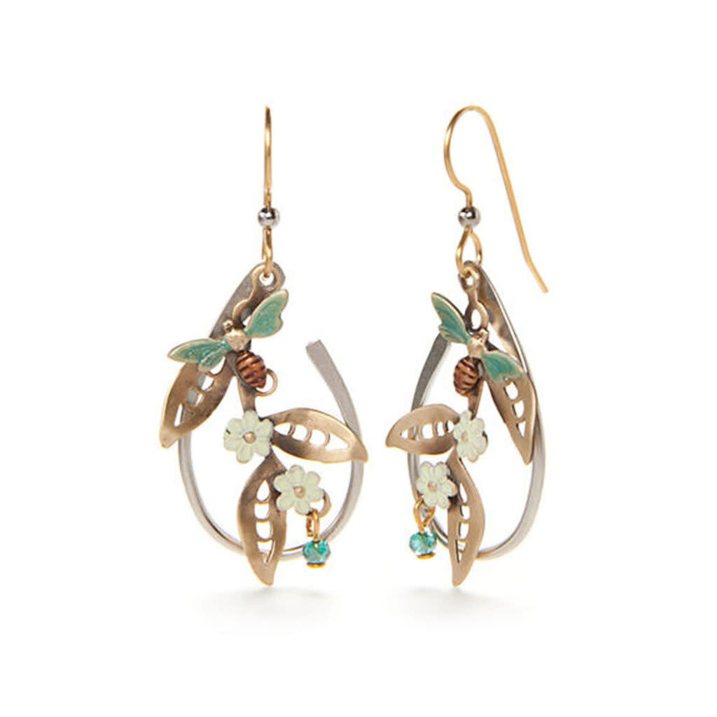 Bee and flowers open circle drop earrings with green crystal accents and gold-tone finish.