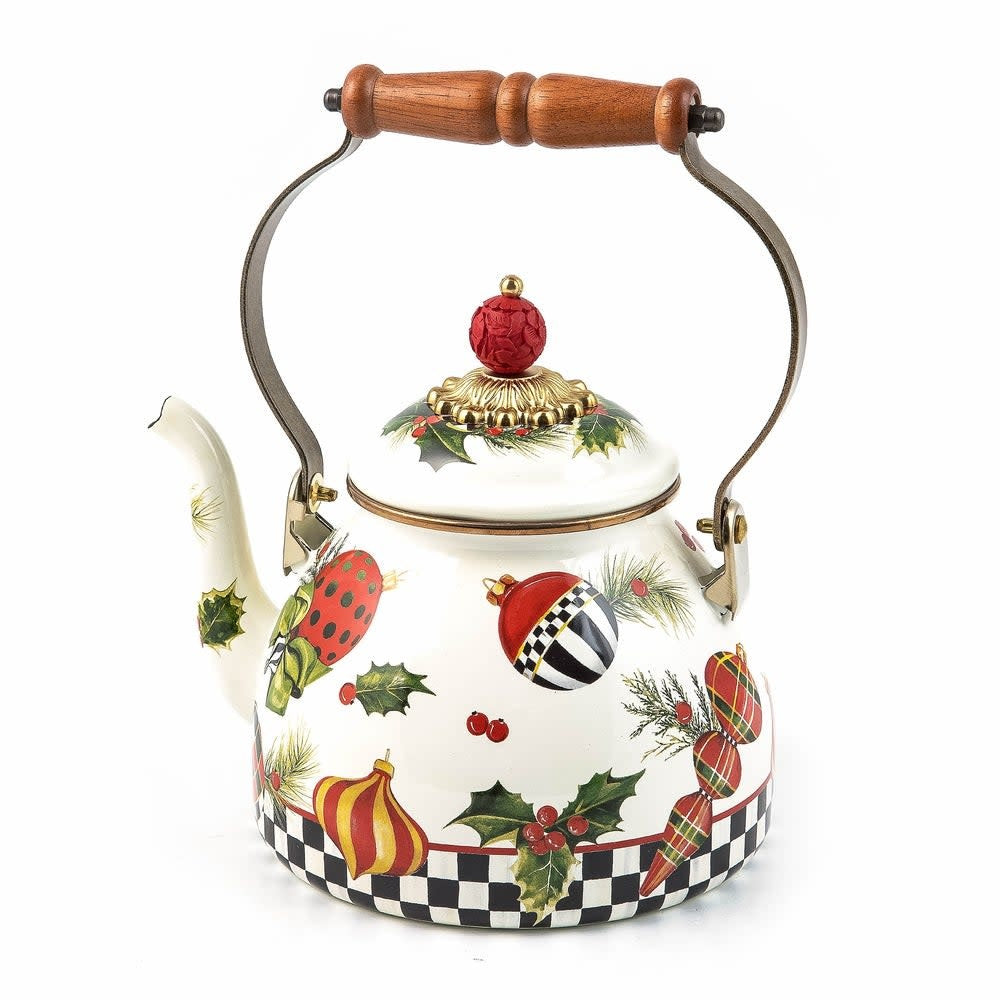 Hand-glazed steel tea kettle with red holiday transfer decoration featuring festive patterns.