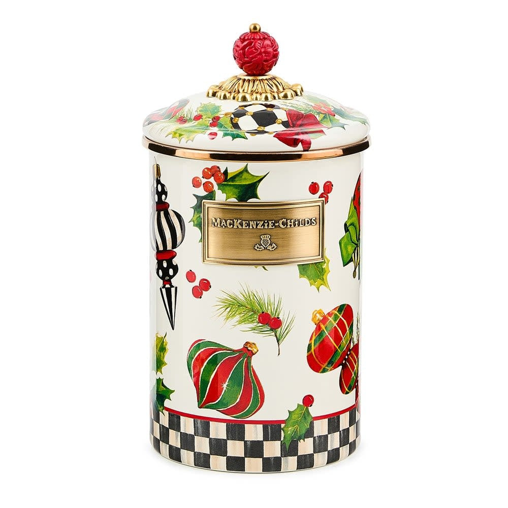 Hand-glazed steel canister with bronzed stainless rim and resin finial lid