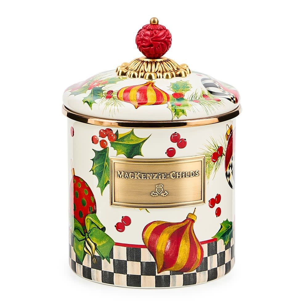 Hand-glazed steel canister with bronzed stainless rim and resin finial lid