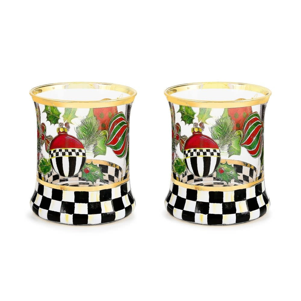 Hand-painted glass tumbler with gold lustre embellishment featuring a festive holiday pattern.
