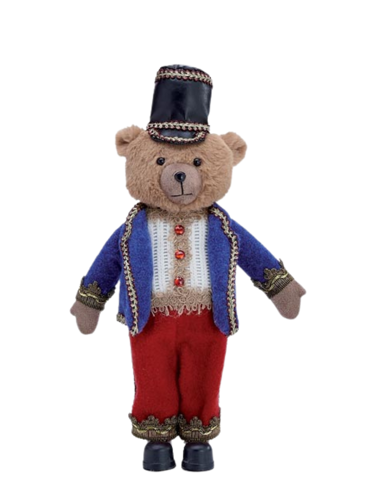 Blue plastic nutcracker bear figurine with wire frame and fabric accents standing on a base.