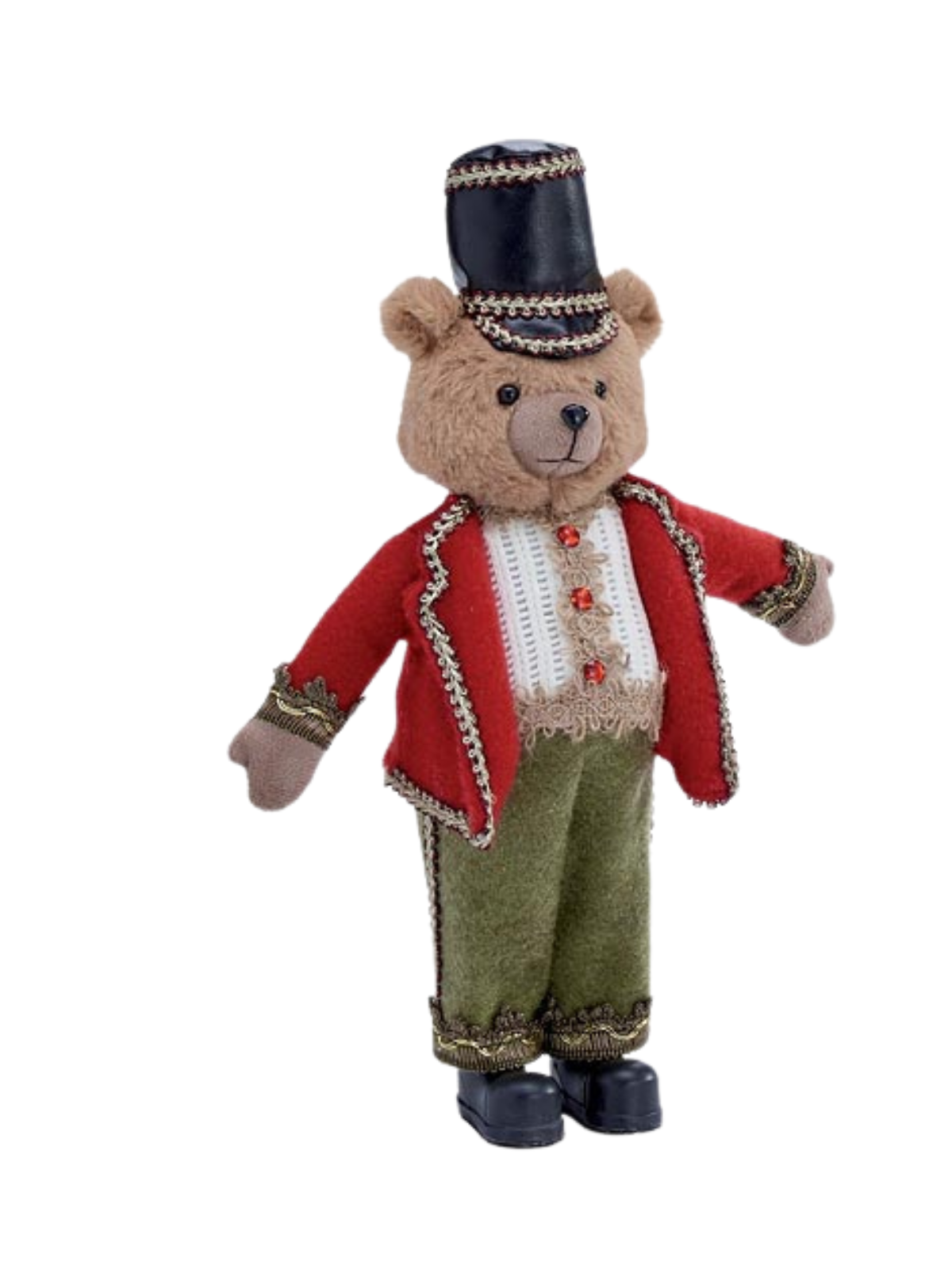 Red plastic nutcracker bear with fabric accents standing on a wire base.