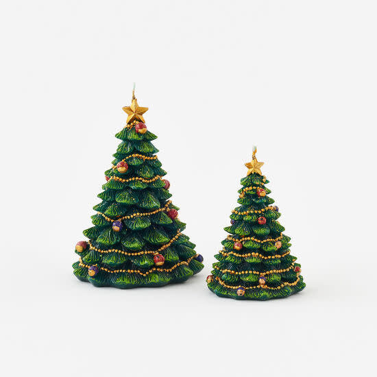 Decorated Tree Candle with Christmas tree silhouette, festive ornaments, glittering accents, and warm holiday colors.