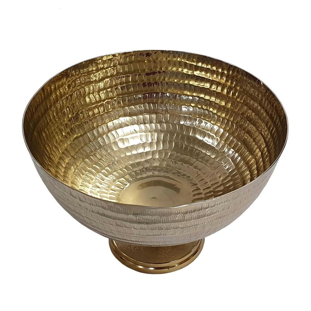 Gold aluminum pedestal bowl with intricate textured motif on a square base